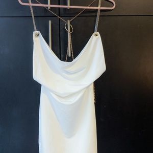 white and gold cowl neck mini dress